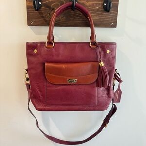 Isaac Mizrahi Bridgehampton Burgundy Cognac Leather Tote Messenger Turnlock Bag